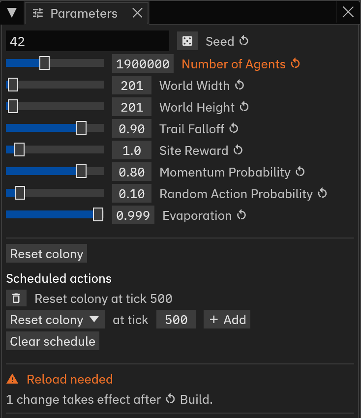 The Parameters panel showing the Reload needed banner