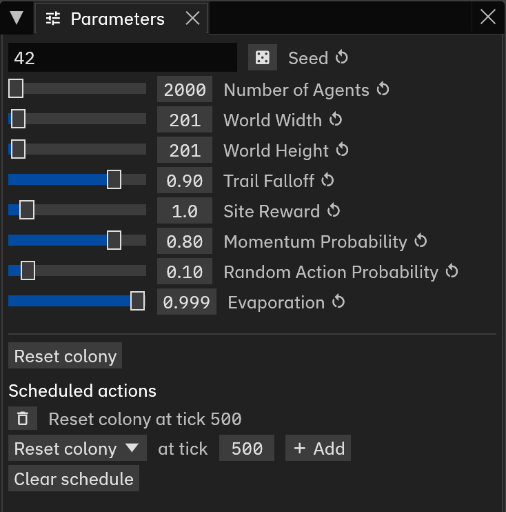 The Parameters panel for Ant Foraging on the GPU